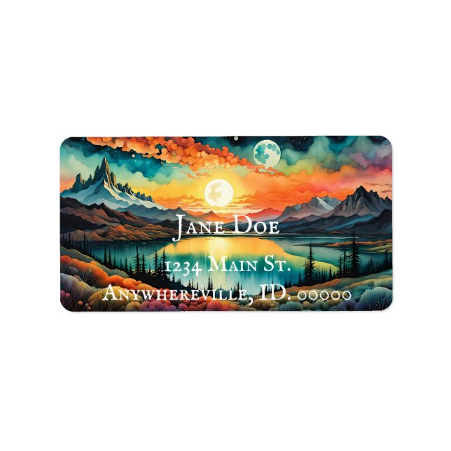 Sunrise over Mountain Lake as Moon sets. Label (Front)