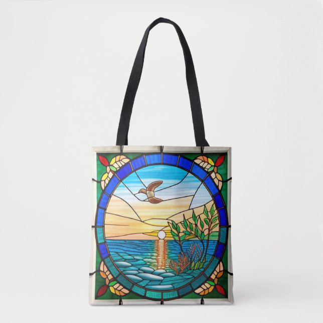 Sunrise Over Ocean with Flying Bird Tote Bag (Front)