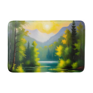 Sunrise over snow covered mountains and lake bath mat