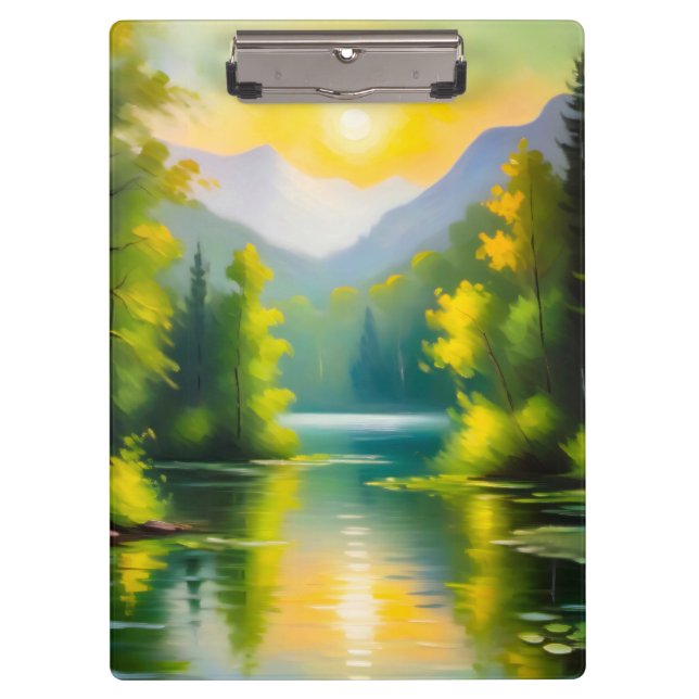 Sunrise over snow covered mountains and lake clipboard (Front)