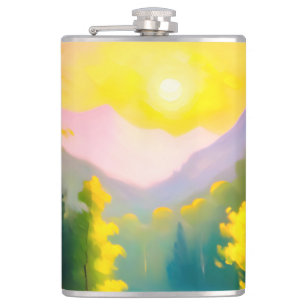 Sunrise over snow covered mountains and lake hip flask