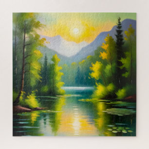 Sunrise over snow covered mountains and lake jigsaw puzzle