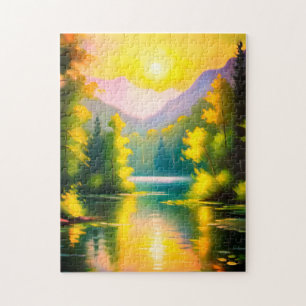 Sunrise over snow covered mountains and lake jigsaw puzzle