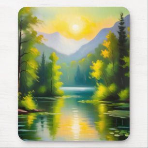 Sunrise over snow covered mountains and lake mouse pad