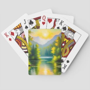 Sunrise over snow covered mountains and lake playing cards