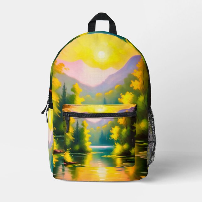 Sunrise over snow covered mountains and lake printed backpack (Front)