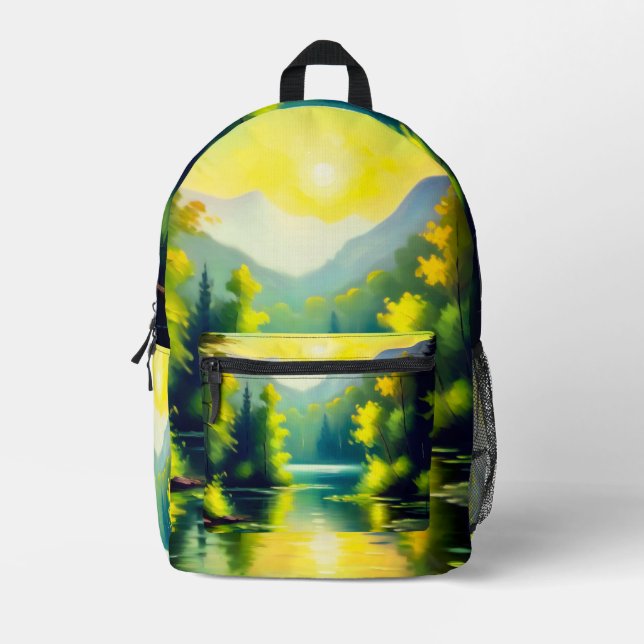 Sunrise over snow covered mountains and lake printed backpack (Front)