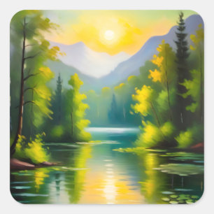 Sunrise over snow covered mountains and lake square sticker