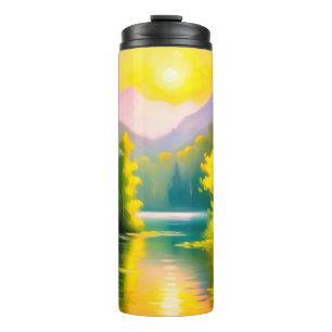 Sunrise over snow covered mountains and lake thermal tumbler