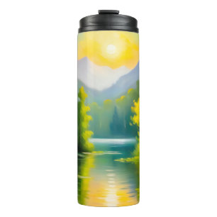 Sunrise over snow covered mountains and lake thermal tumbler