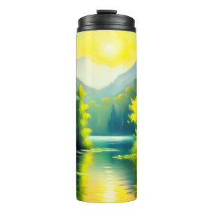 Sunrise over snow covered mountains and lake thermal tumbler