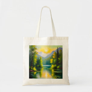 Sunrise over snow covered mountains and lake tote bag