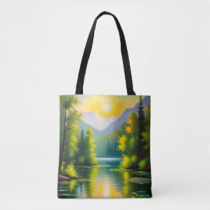 Sunrise over snow covered mountains and lake tote bag