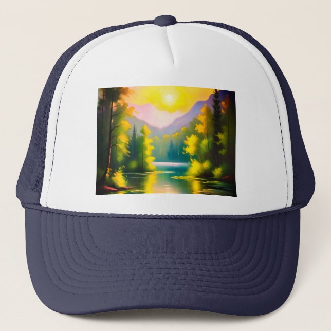 Sunrise over snow covered mountains and lake trucker hat (Front)