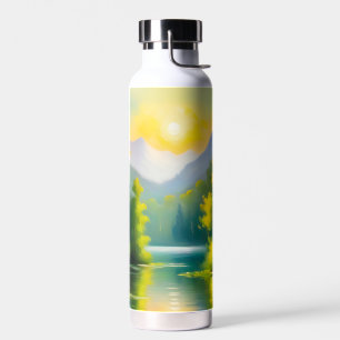 Sunrise over snow covered mountains and lake water bottle