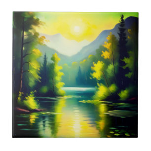 Sunrise over snow covered mountains lake tile