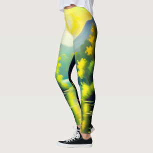 Sunrise over snow covered mountains with lake leggings