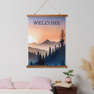 Sunrise Over the Mountains Welcome  Hanging Tapestry