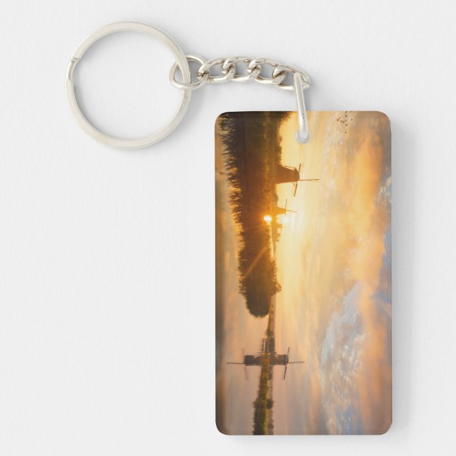 Sunrise over windmills and a river in Holland Key Ring (Front)