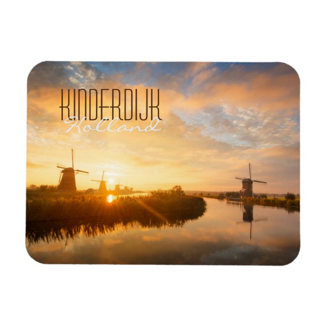 Sunrise over windmills and a river in Holland Magnet (Horizontal)