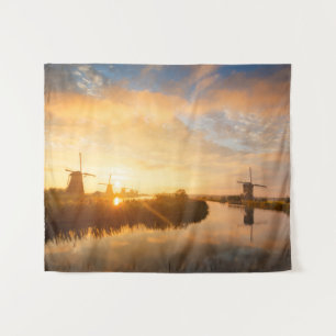 Sunrise over windmills and a river in Holland Tapestry