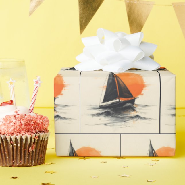 Sunrise Sailboat Silhouette Sketch Wrapping Paper (Birthday Party)