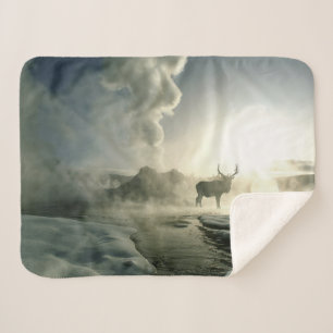 Sunrise Silhouette of Elk at Castle Geyser Sherpa Blanket