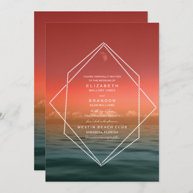 Sunrise Skies Ocean Moon Wedding Invitation (Front/Back)