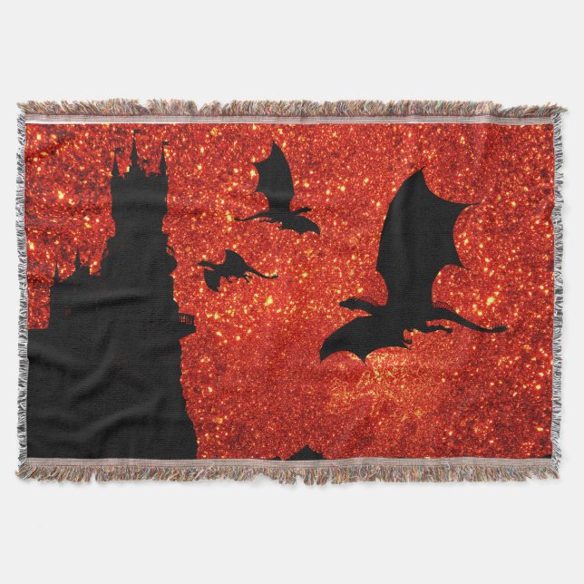 Sunrise sparkle/glitter, dragon, mountain Castle Throw Blanket (Front)