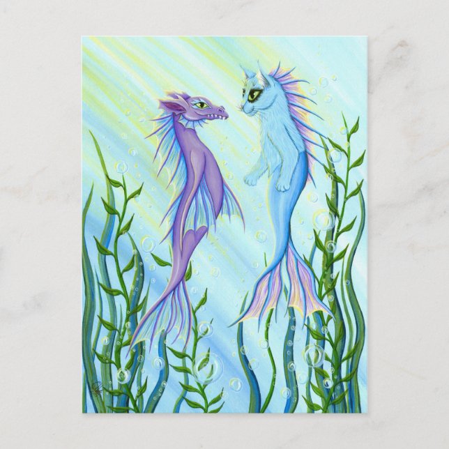 Sunrise Swim Sea Dragon & Mermaid Cat Art Postcard (Front)