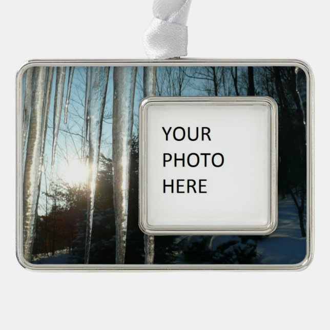 Sunrise Through Icicles Winter Nature Photography Silver Plated Framed Ornament (Front)