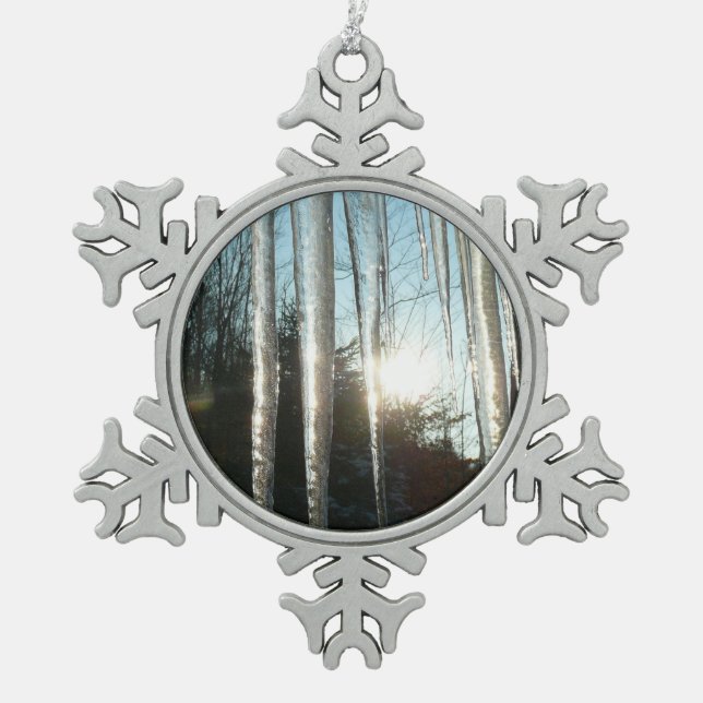 Sunrise Through Icicles Winter Nature Photography Snowflake Pewter Christmas Ornament (Front)