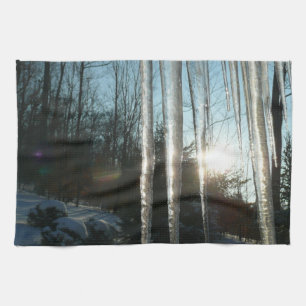 Sunrise Through Icicles Winter Nature Photography Tea Towel