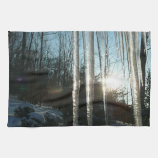 Sunrise Through Icicles Winter Nature Photography Tea Towel
