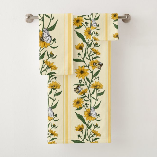 Sunroot floral stripe on off white bath towel set (Insitu)