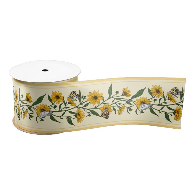 Sunroot floral stripe on off white satin ribbon (Spool)
