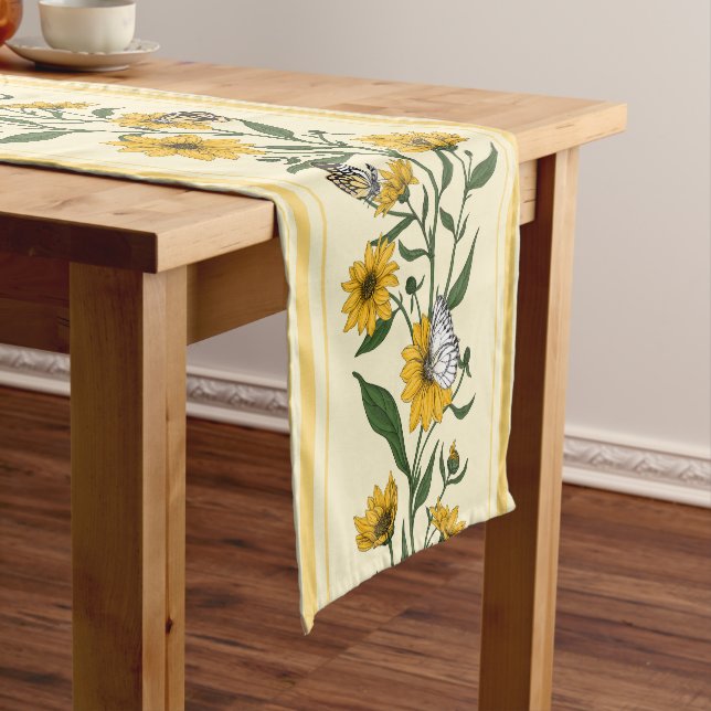 Sunroot floral stripe on off white short table runner (In Situ)