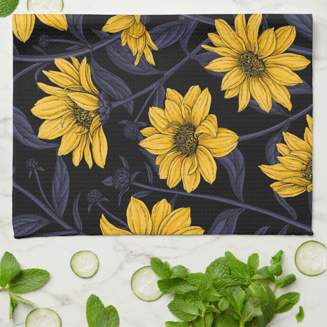 Sunroot, wild sunflower in yellow and blue tea towel (Folded)