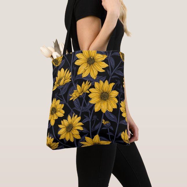 Sunroot, wild sunflower in yellow and blue tote bag (Close Up)
