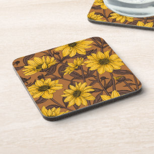 Sunroot, wild sunflower in yellow and  brown coaster
