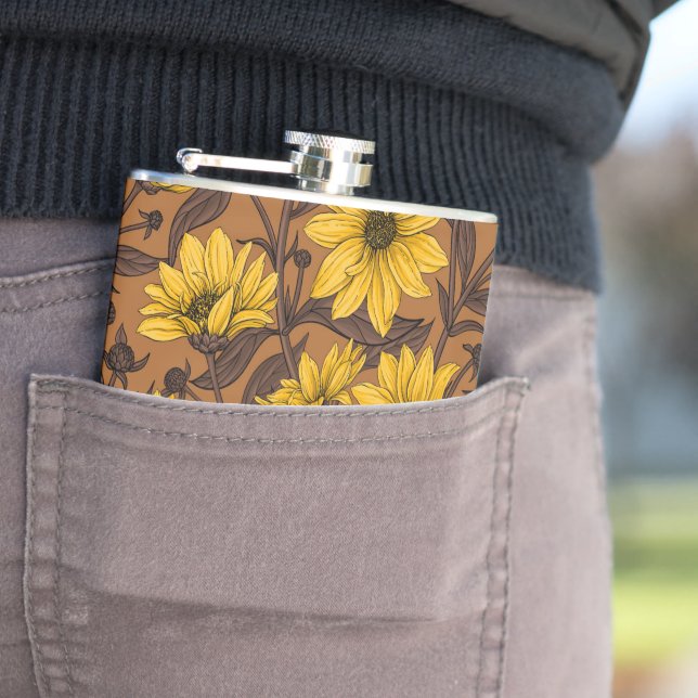 Sunroot, wild sunflower in yellow and  brown hip flask (In Situ)