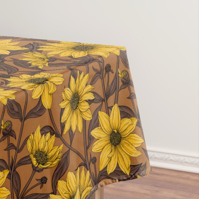 Sunroot, wild sunflower in yellow and  brown tablecloth (In Situ)