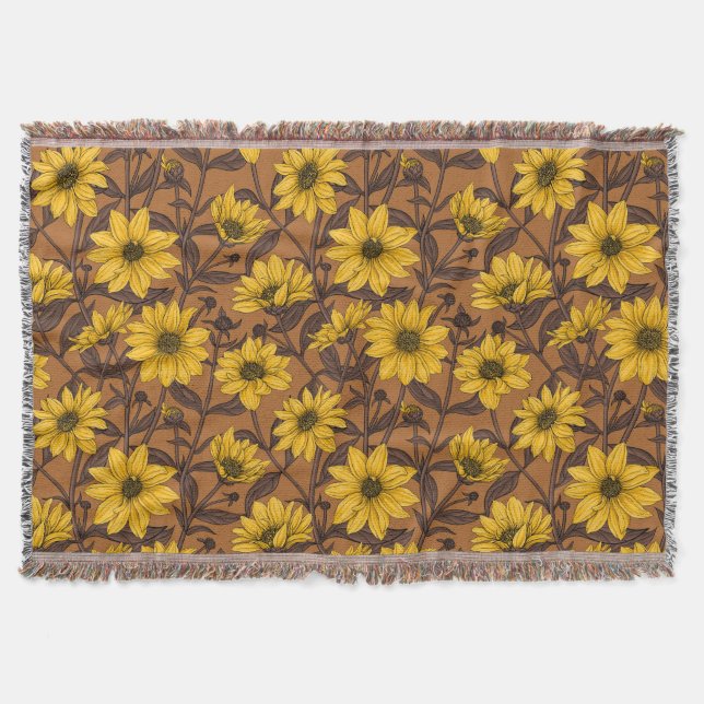 Sunroot, wild sunflower in yellow and  brown throw blanket (Front)