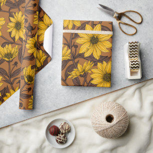 Sunroot, wild sunflower in yellow and  brown wrapping paper