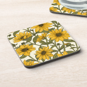 Sunroot, wild sunflower on off white coaster