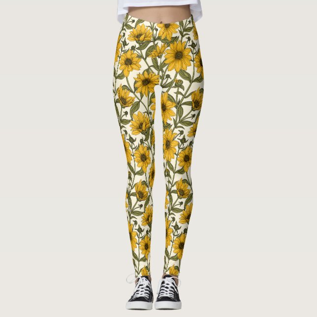 Sunroot, wild sunflower on off white leggings (Front)
