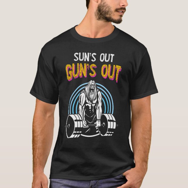 Sun's Out Guns Out Barbell Men Women Bodybuilding  T-Shirt (Front)
