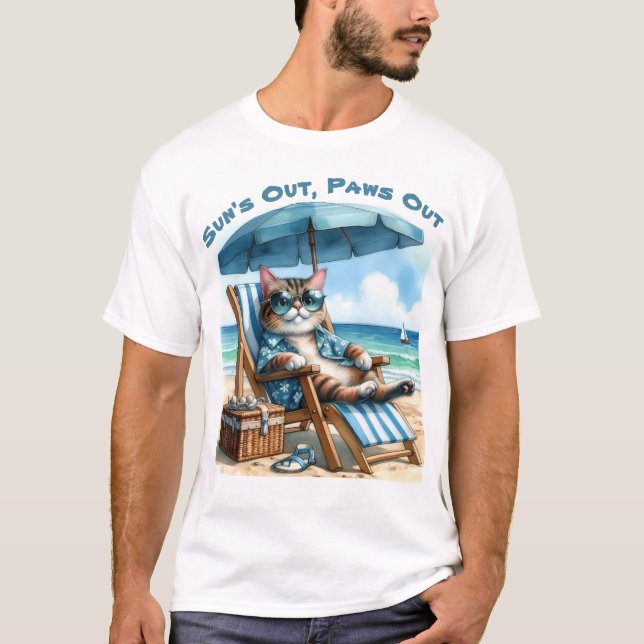 Suns Out Paws Out Cat Beach Chair Blue Umbrella  T-Shirt (Front)