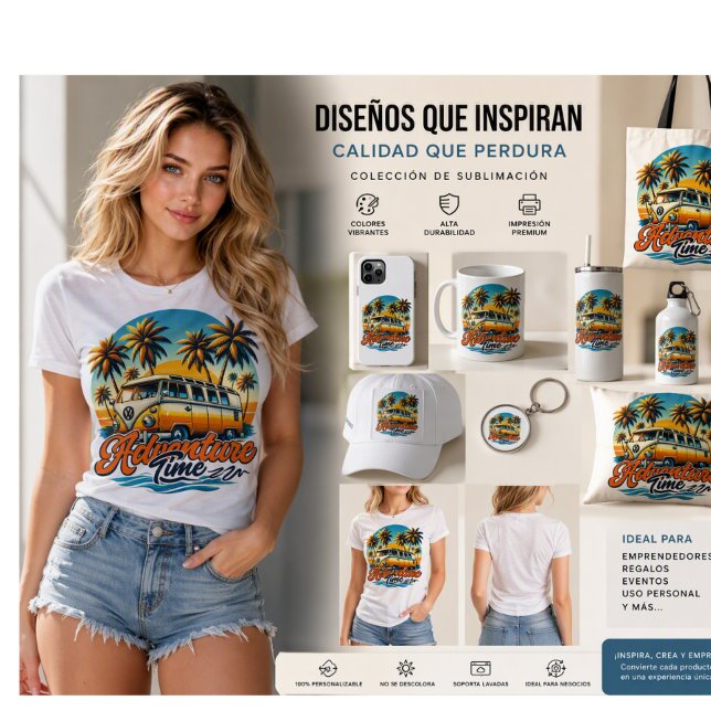 “Sunset Adventure Van” T-Shirt (Adventure Time T-Shirt + Complete Sublimation Collection
Model: Carmen - Size M - 100% Cotton
Durabl)