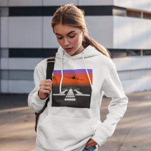 Sunset Aeroplane Approach Runway Lights Aviation  Hoodie